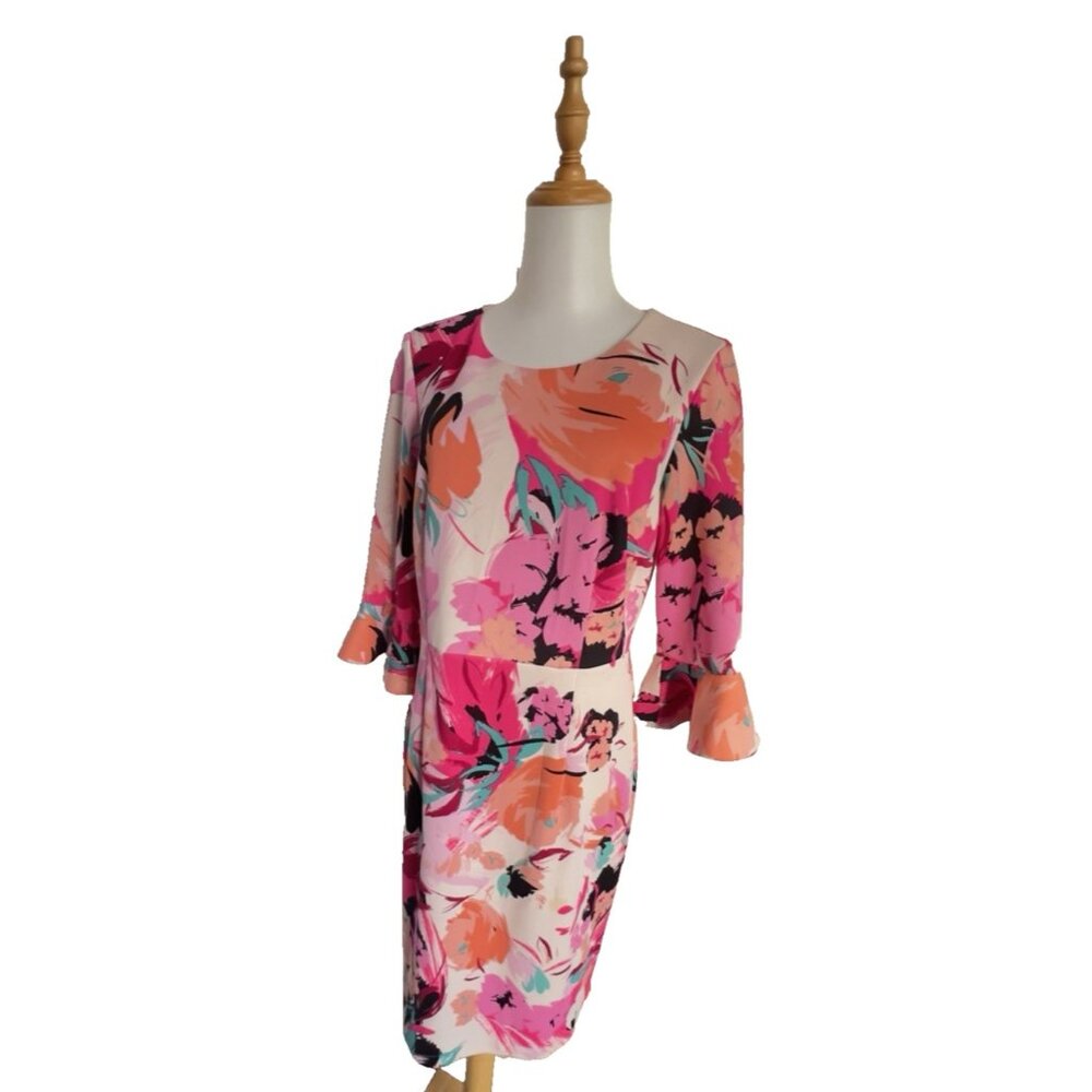 Women's Sz 10 Sheath Dress Bell Cuff 3/4 Sleeve Hibiscus Pink Floral NINE WEST